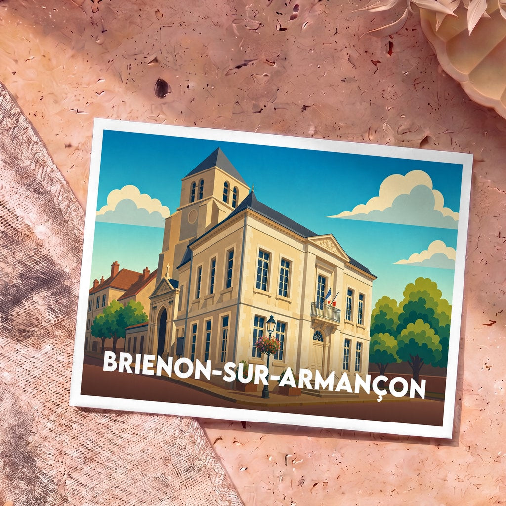 Carte postale souvenir de la ville de Brienon-sur-Armançon avec une illustration stylisée de son hôtel de ville et de son église.