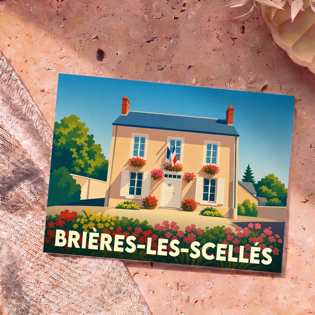Carte postale souvenir de la ville de Brières-les-Scellés illustrant sa mairie fleurie sous un ciel bleu.