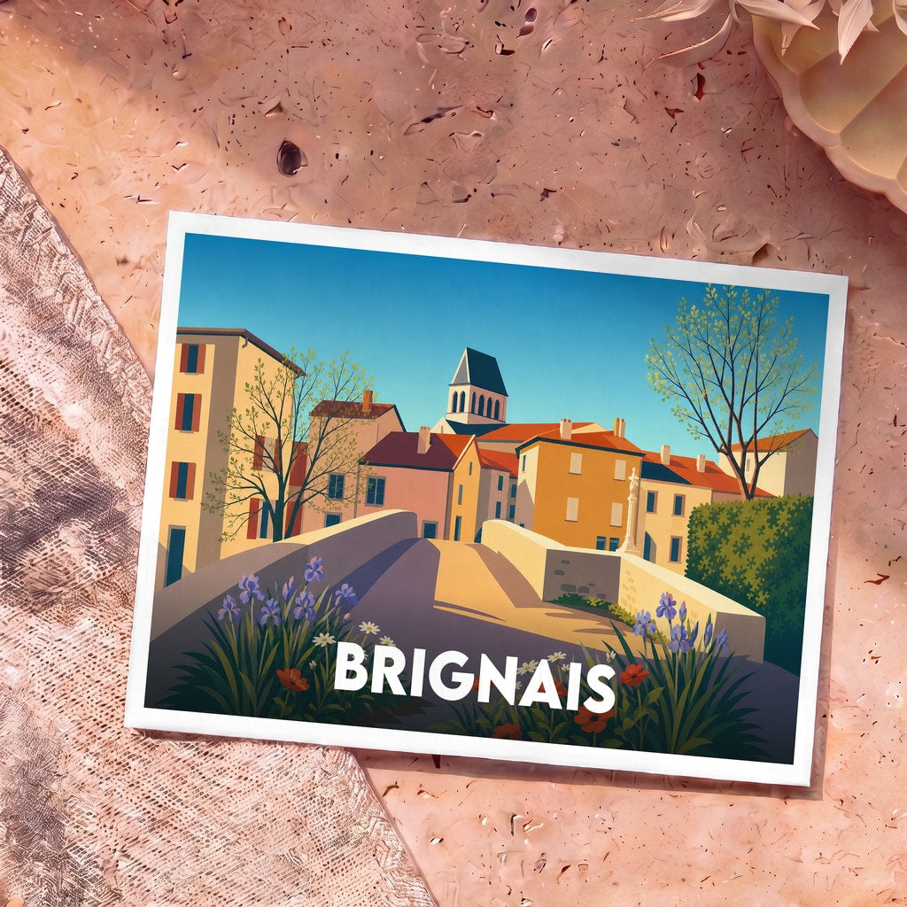 Carte postale souvenir de la ville de Brignais illustrée par un dessin stylisé de son vieux pont et de ses maisons colorées.