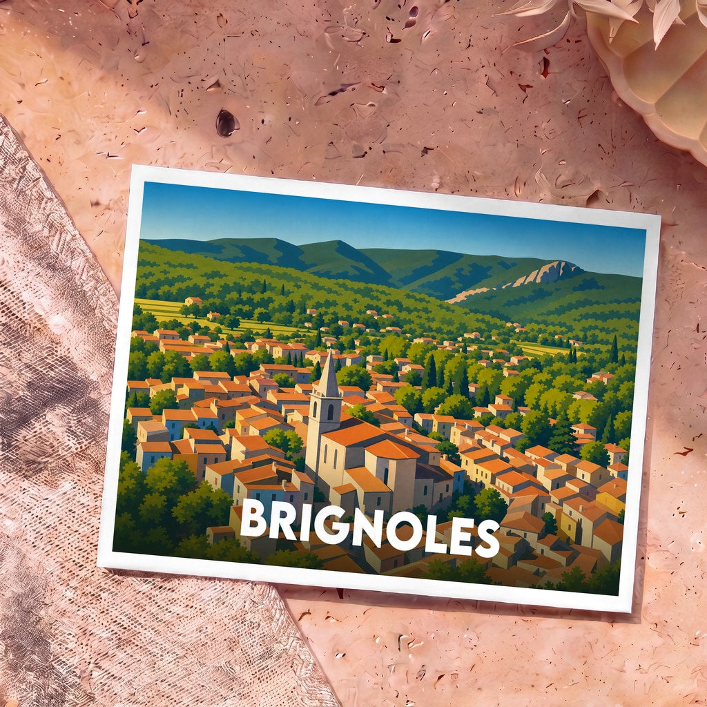 Carte postale souvenir de la ville de Brignoles illustrée par une vue panoramique stylisée.
