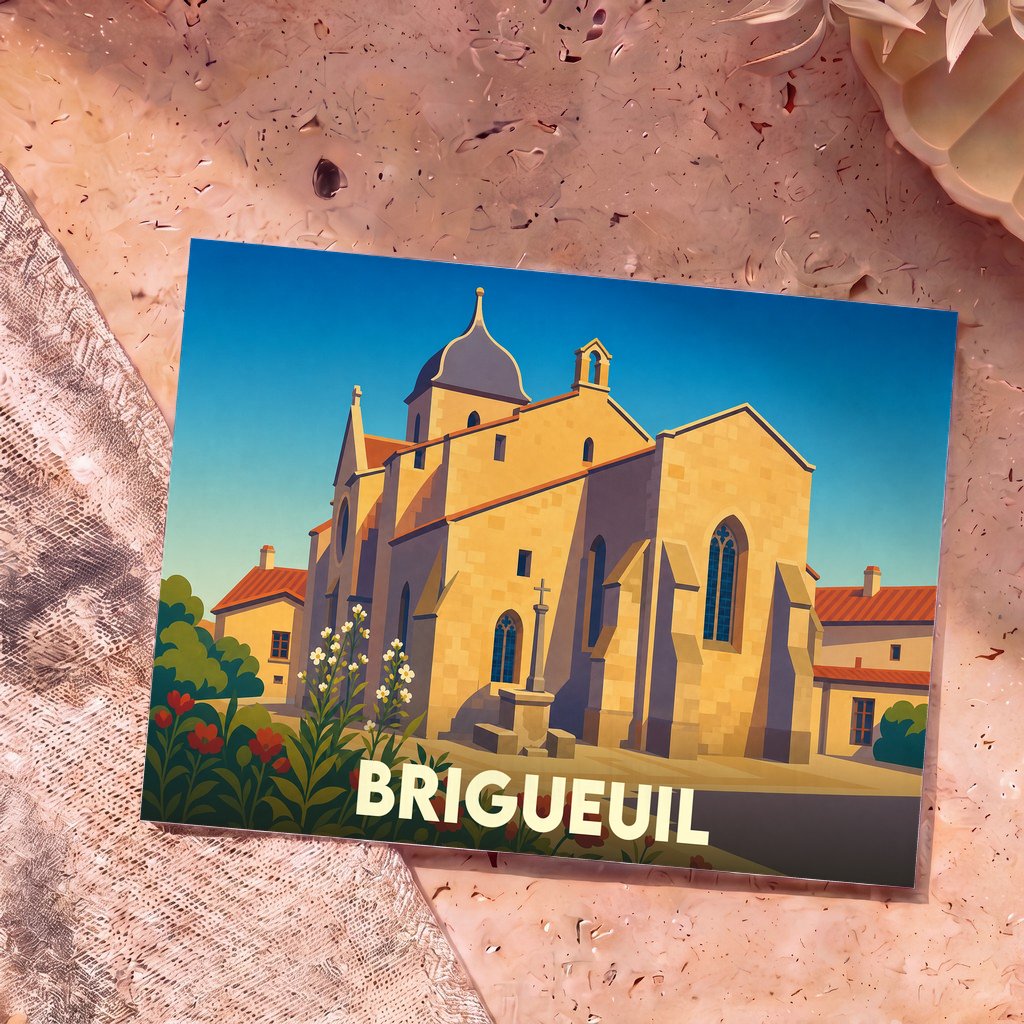 Carte postale souvenir de la ville de Brigueuil avec une illustration stylisée de son église sous un ciel bleu.
