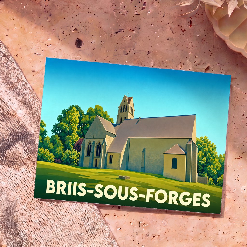 Carte postale souvenir de la ville de Briis-sous-Forges présentant une illustration stylisée de son église.