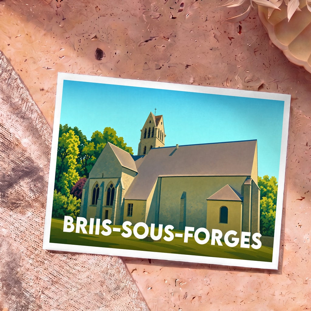 Carte postale souvenir de la ville de Briis-sous-Forges présentant une illustration stylisée de son église.
