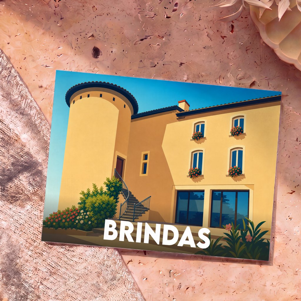 Carte postale souvenir de la ville de Brindas illustrant une bâtisse historique provençale sous un ciel bleu.