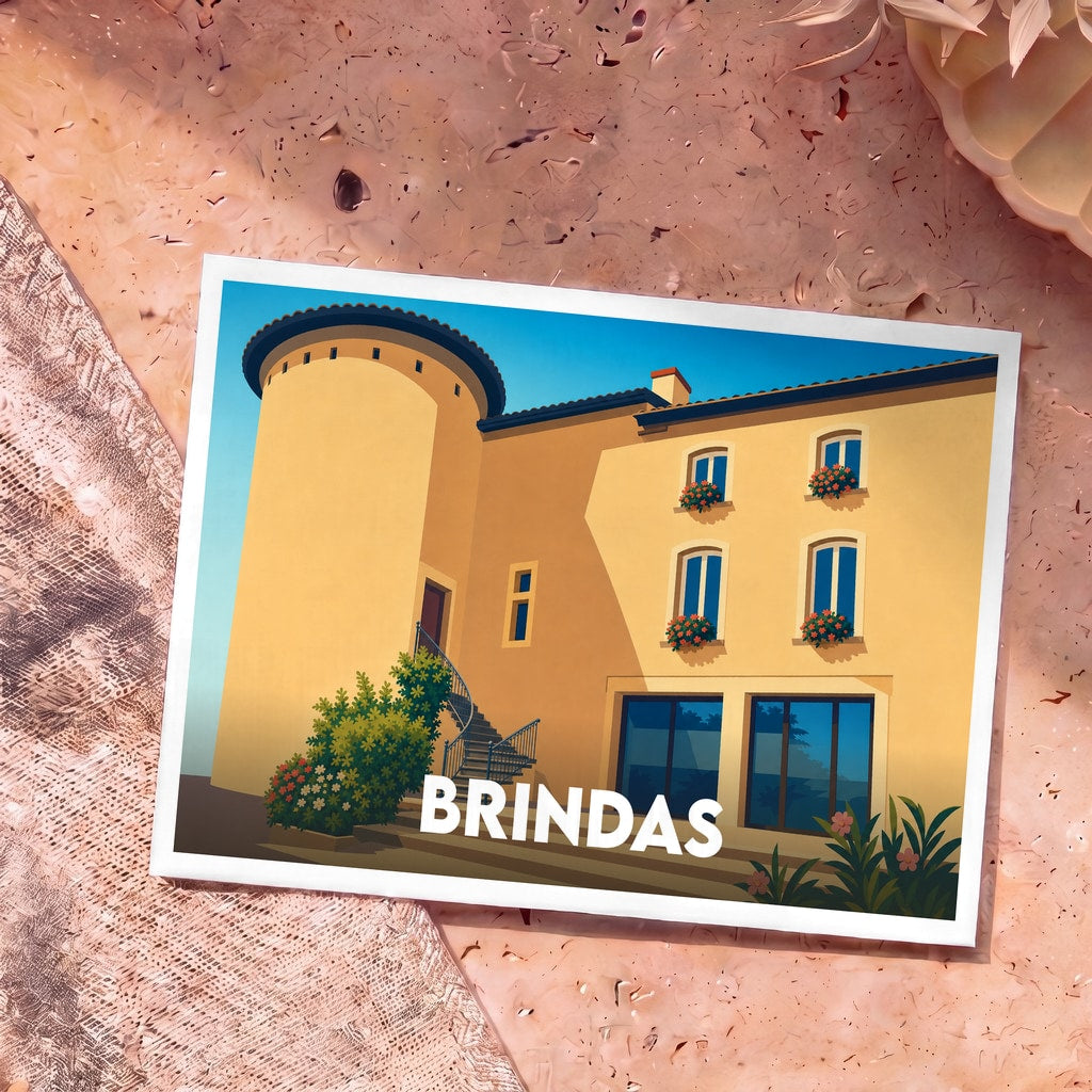 Carte postale souvenir de la ville de Brindas illustrant une bâtisse historique provençale sous un ciel bleu.