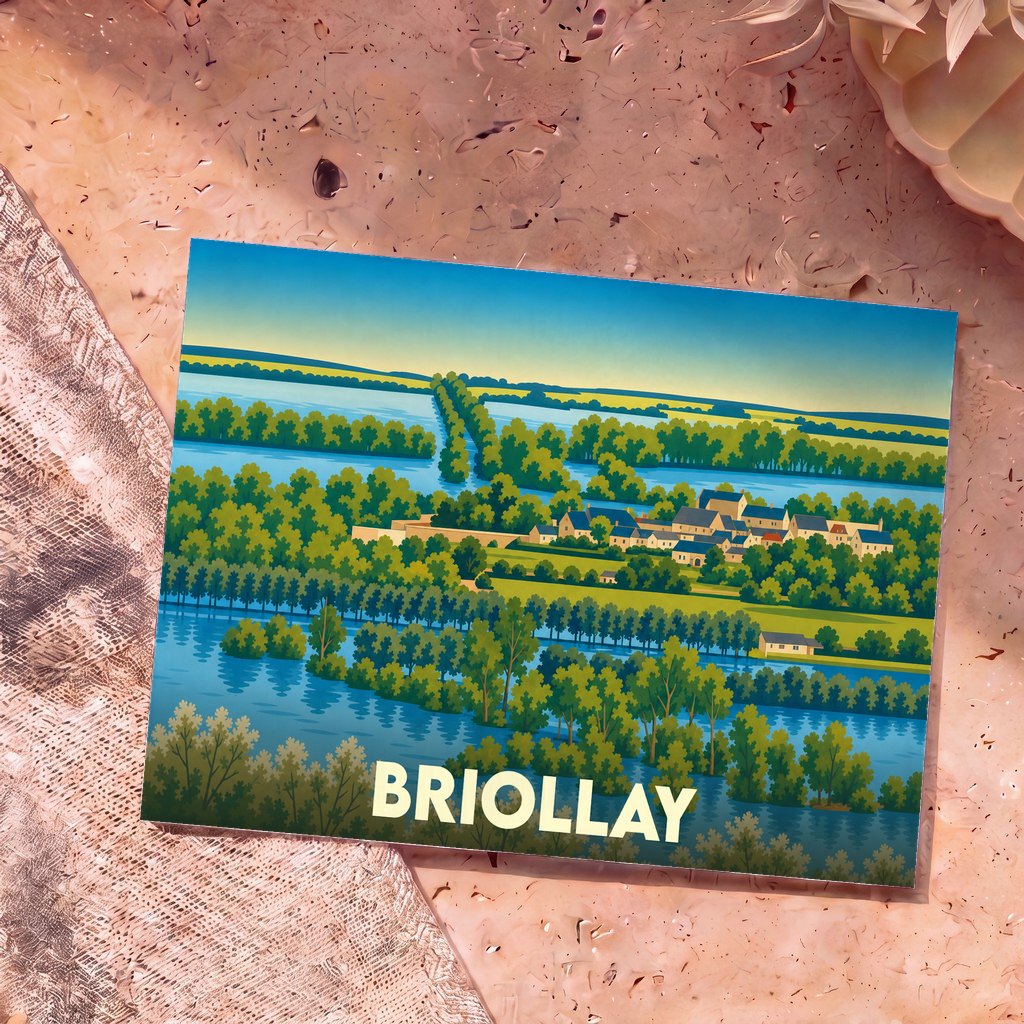 Carte postale souvenir de la ville de Briollay illustrant un paysage fluvial verdoyant avec une esthétique stylisée.
