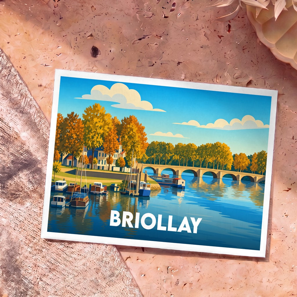 Carte postale souvenir de la ville de Briollay illustrant un paysage fluvial verdoyant avec une esthétique stylisée.