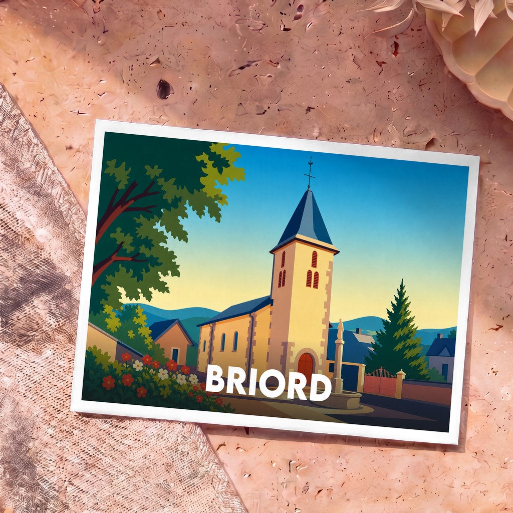 Carte postale souvenir de la ville de Briord illustrant son église et sa place dans un style graphique épuré.
