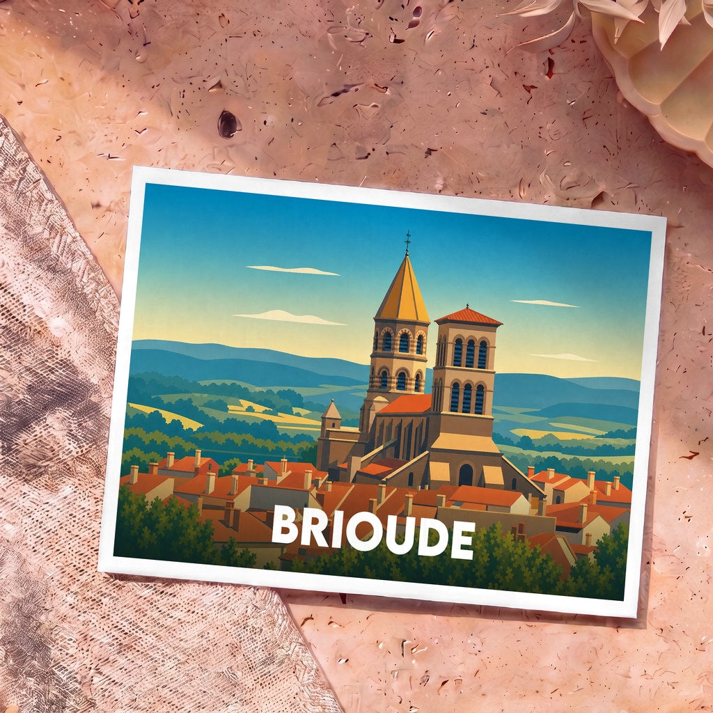 Carte postale souvenir de la ville de Brioude avec une illustration stylisée de sa basilique surplombant les toits.
