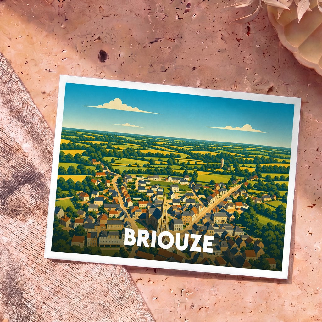 Carte postale souvenir de la ville de Briouze avec une illustration stylisée d'une vue aérienne.