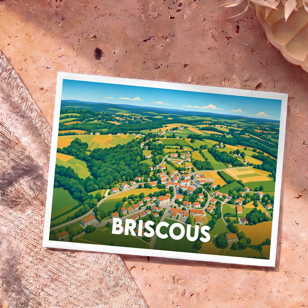 Carte postale souvenir de la ville de Briscous avec une illustration stylisée vue du ciel.