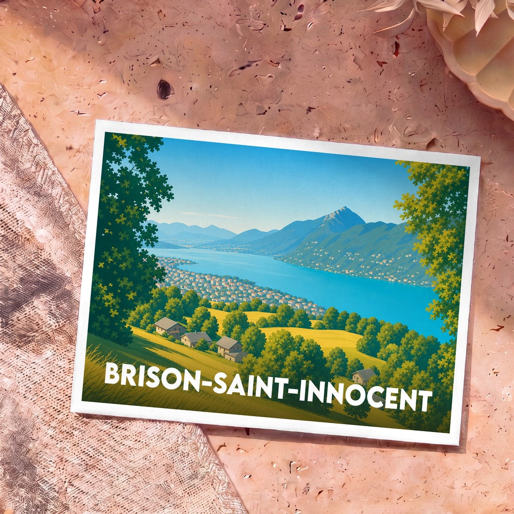 Carte postale souvenir de la ville de Brison-Saint-Innocent avec une illustration stylisée d'un paysage de lac et de montagnes.