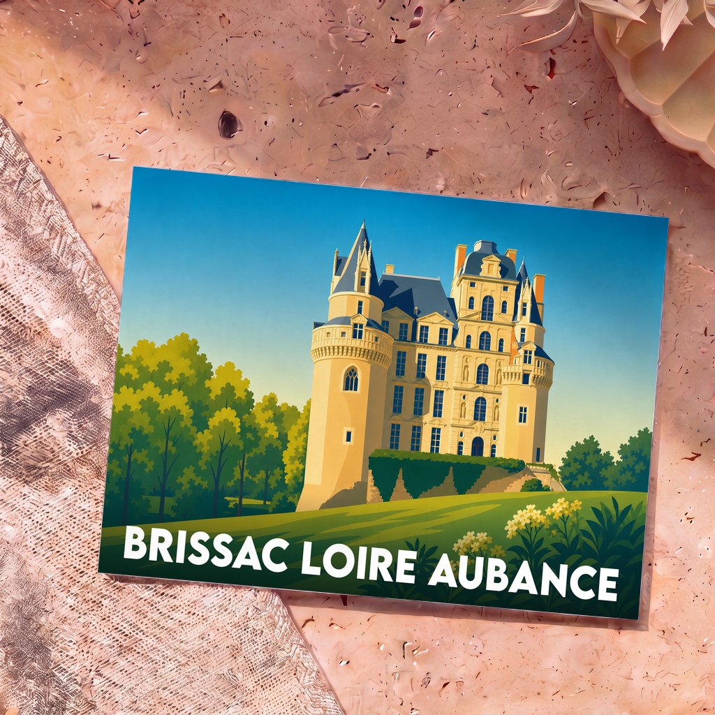 Carte postale souvenir de Brissac Loire Aubance illustrant son château dans un style graphique et coloré.