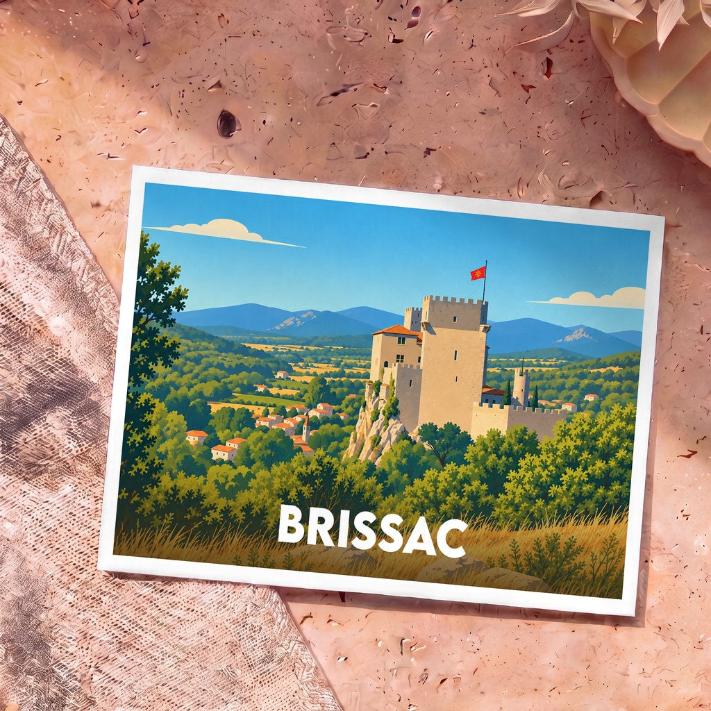 Carte postale souvenir de la ville de Brissac illustrée d'un château médiéval surplombant un paysage vallonné.