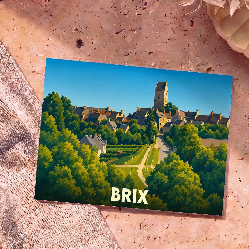 Carte postale souvenir de la ville de Brix avec une illustration stylisée d'un village normand et de son église.