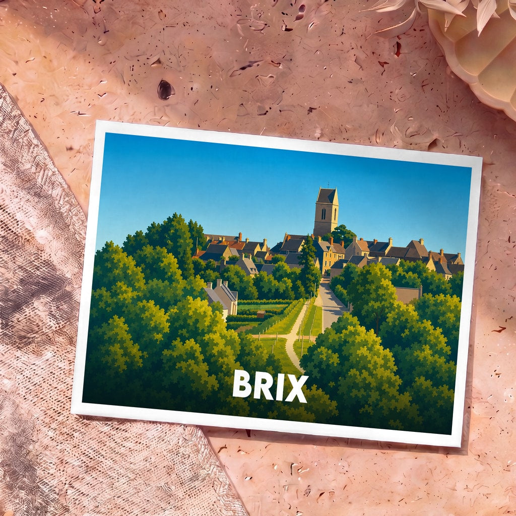 Carte postale souvenir de la ville de Brix avec une illustration stylisée d'un village normand et de son église.