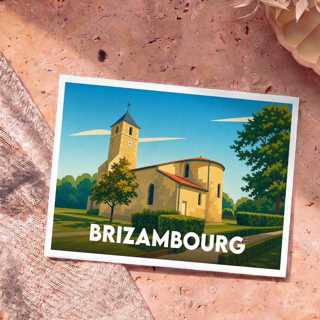 Carte postale souvenir de la ville de Brizambourg avec une illustration stylisée de son église.