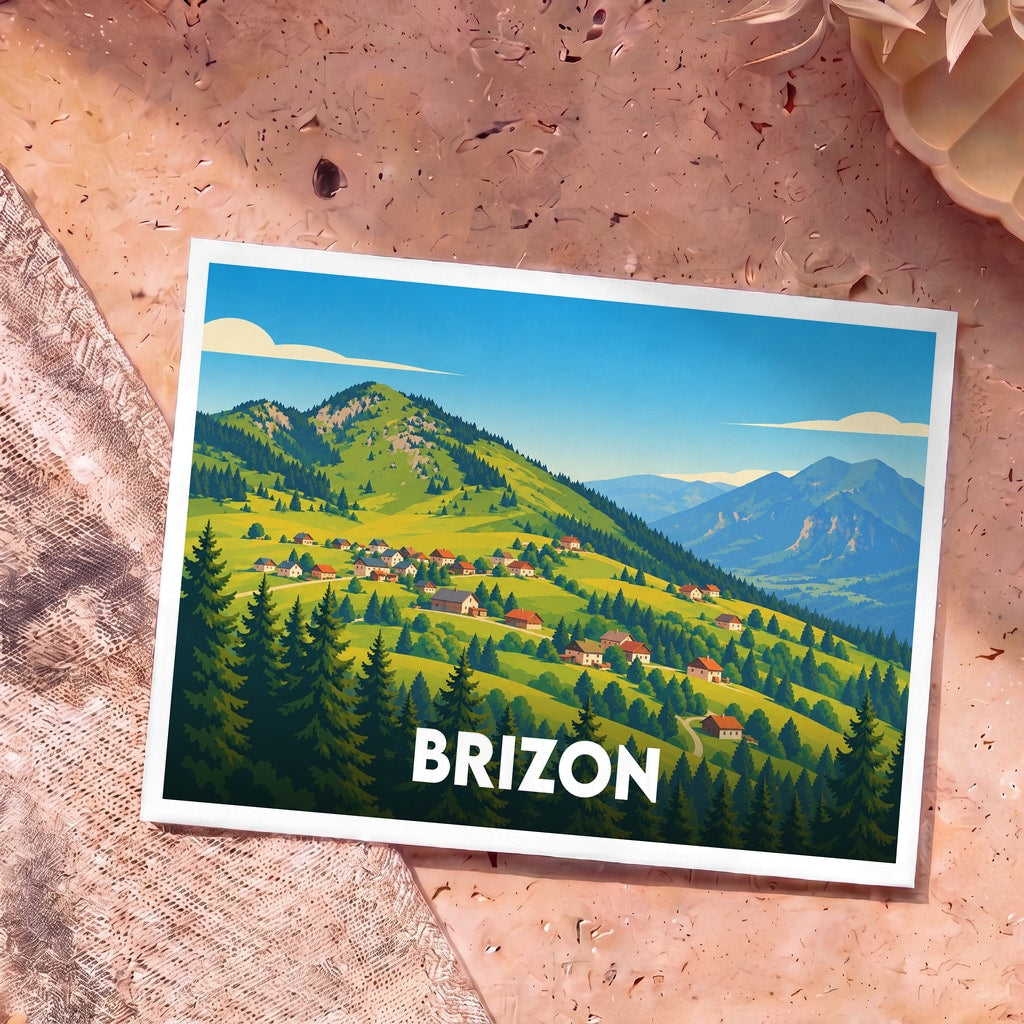 Carte postale souvenir de la commune de Brizon avec une illustration stylisée d'un village de montagne.