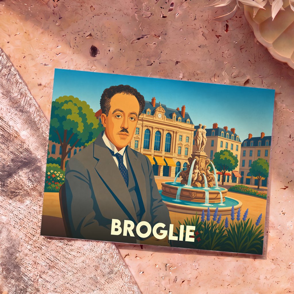 Carte postale souvenir de la ville de Broglie avec une illustration stylisée de Louis de Broglie devant une place animée.