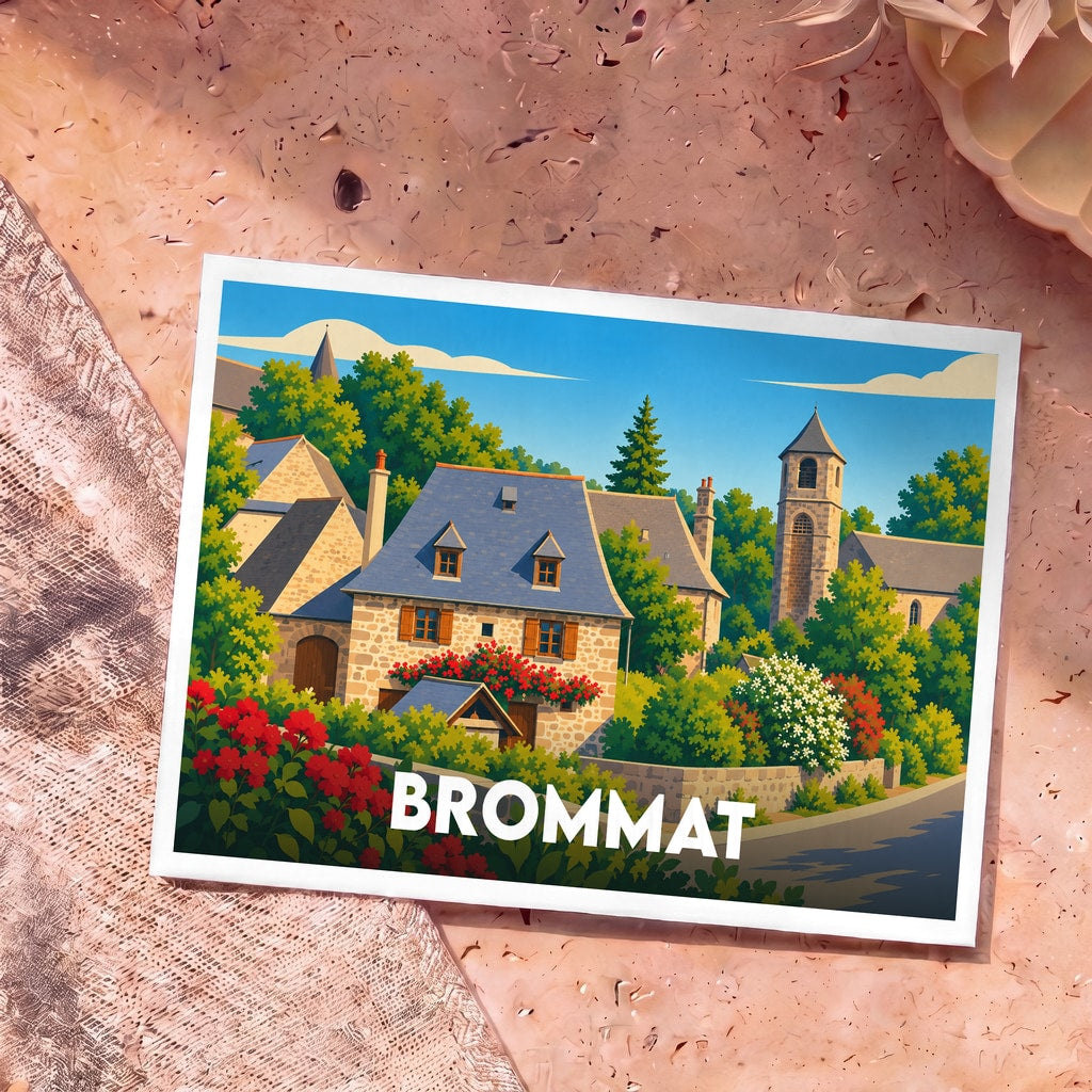 Carte postale souvenir de la ville de Brommat illustrant un charmant village typique aux maisons en pierre.
