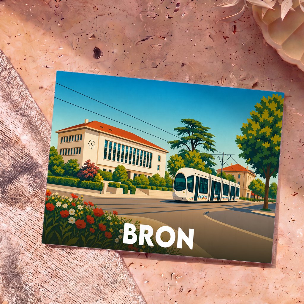 Carte postale souvenir de la ville de Bron avec une illustration stylisée d'un tramway et de l'hôtel de ville.