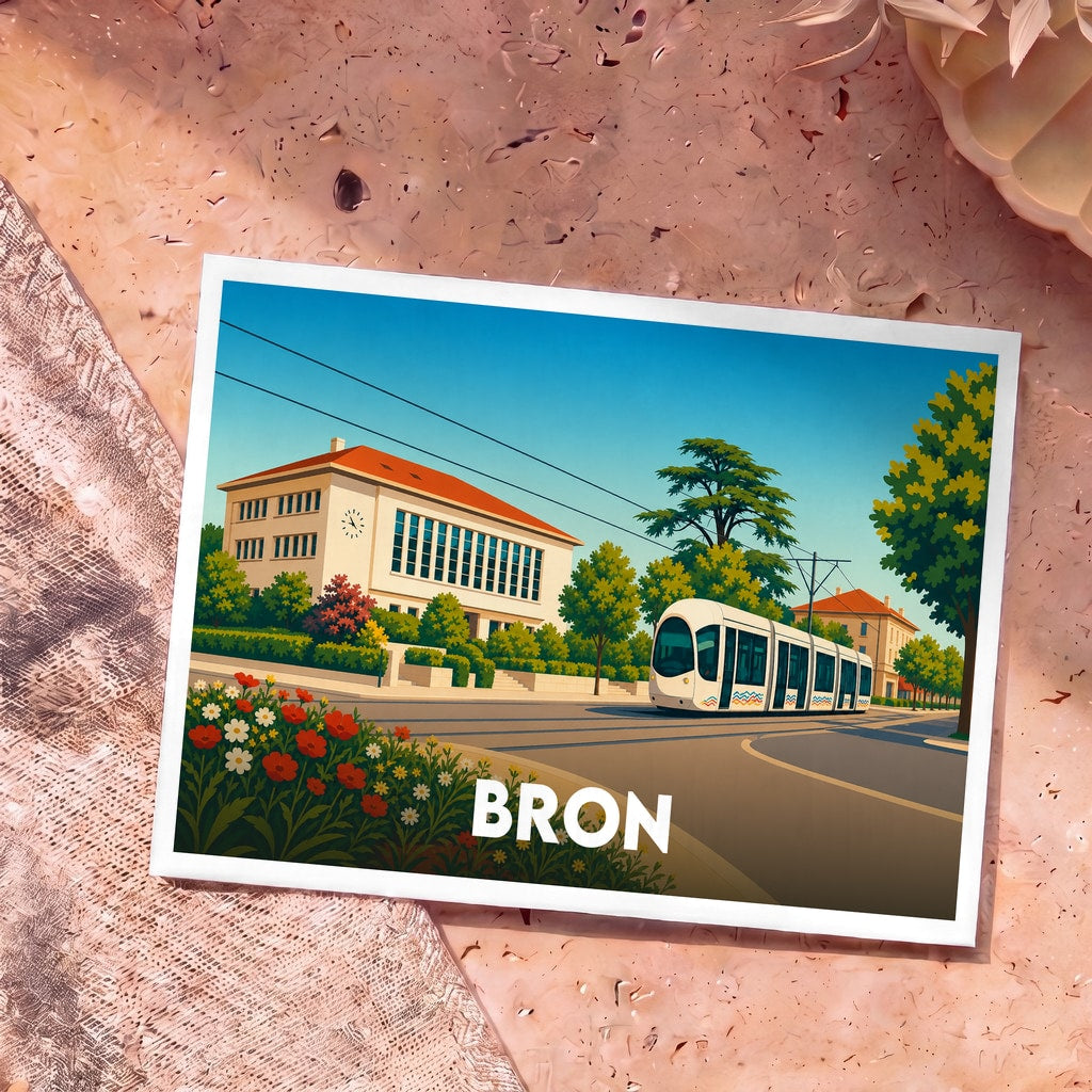 Carte postale souvenir de la ville de Bron avec une illustration stylisée d'un tramway et de l'hôtel de ville.