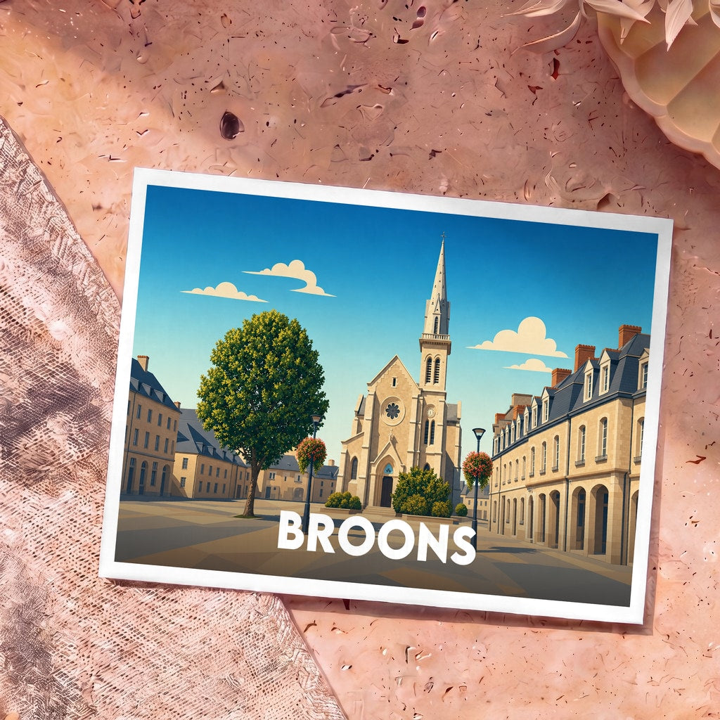 Carte postale souvenir de la ville de Broons avec une illustration stylisée de son église et de ses maisons en pierre.