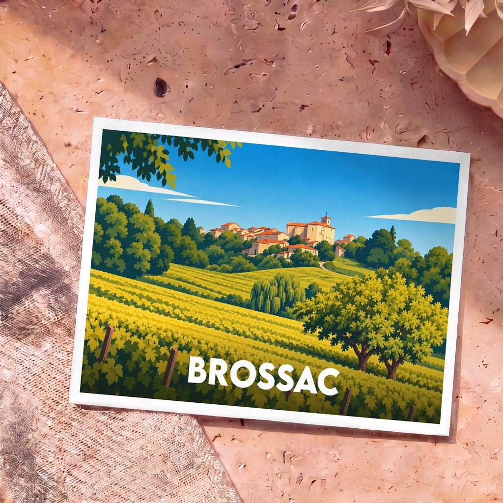 Carte postale souvenir de la ville de Brossac avec une illustration stylisée de ses vignobles et de son village.
