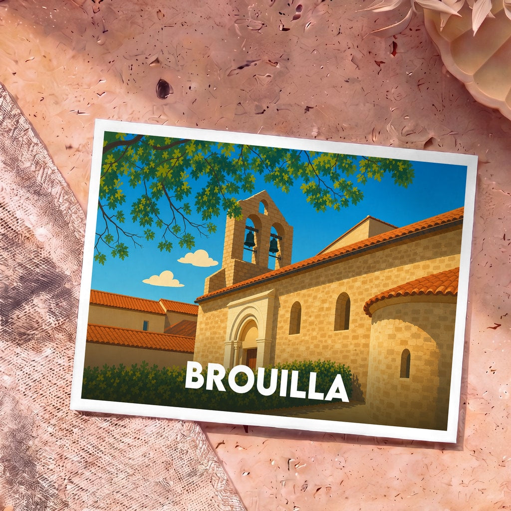 Carte postale souvenir de la ville de Brouilla avec une illustration stylisée de son église en pierre sous un ciel bleu.