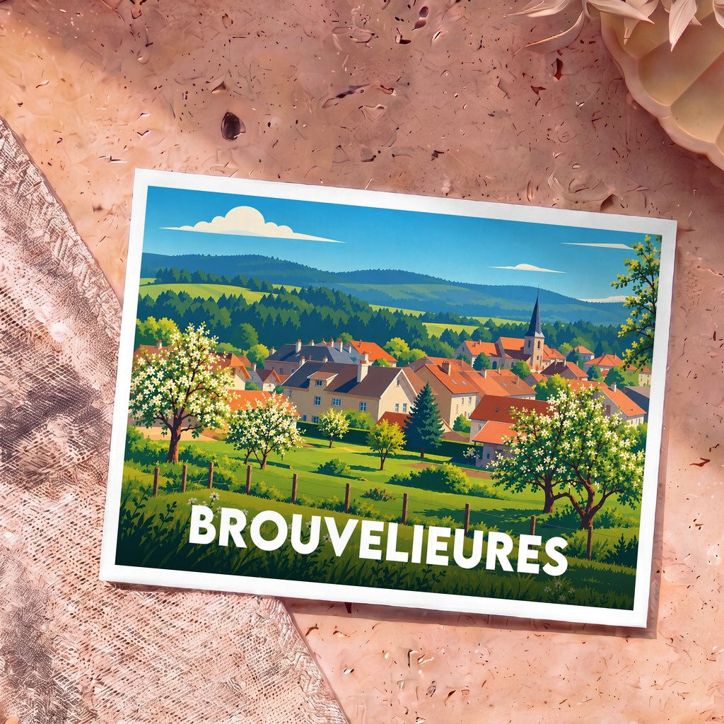 Carte postale souvenir de la ville de Brouvelieures avec une illustration stylisée de son paysage vallonné.