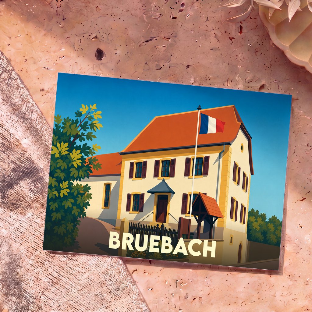 Carte postale souvenir de la ville de Bruebach présentant une illustration stylisée de sa mairie pavoisée.