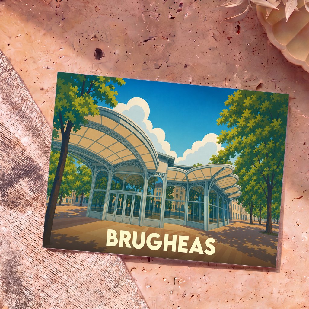 Carte postale souvenir de la ville de Brugheas avec une illustration stylisée de son architecture thermale.