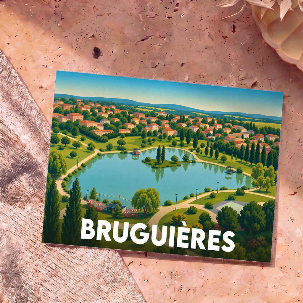 Carte postale souvenir de la ville de Bruguières illustrant son lac et ses maisons dans un style coloré.
