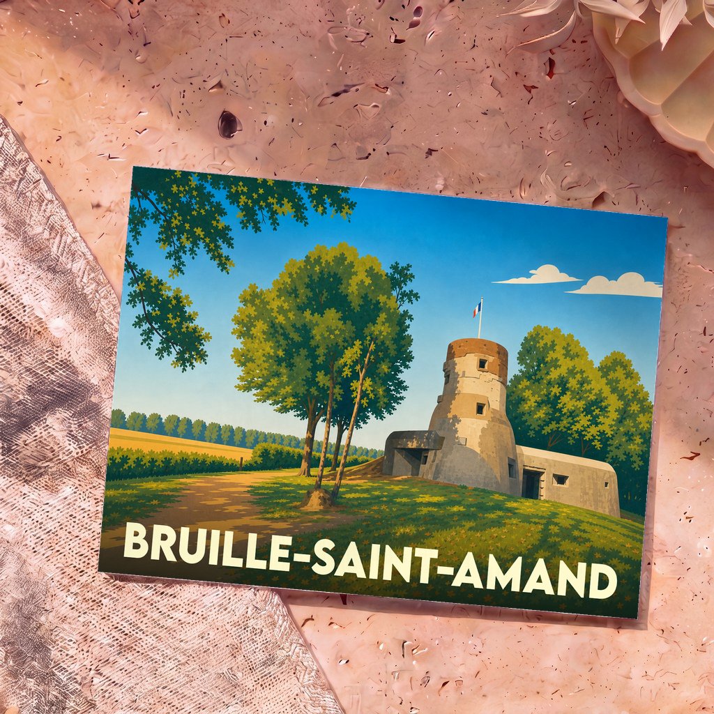 Carte postale souvenir de la ville de Bruille-Saint-Amand avec une illustration stylisée d'un blockhaus historique.