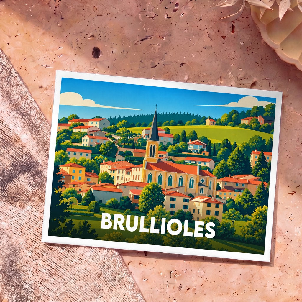 Carte postale souvenir de la ville de Brullioles avec une illustration colorée et stylisée de ses maisons et de son église.