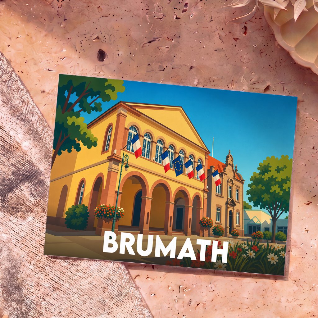 Carte postale souvenir de la ville de Brumath illustrant l'hôtel de ville dans un style graphique épuré.