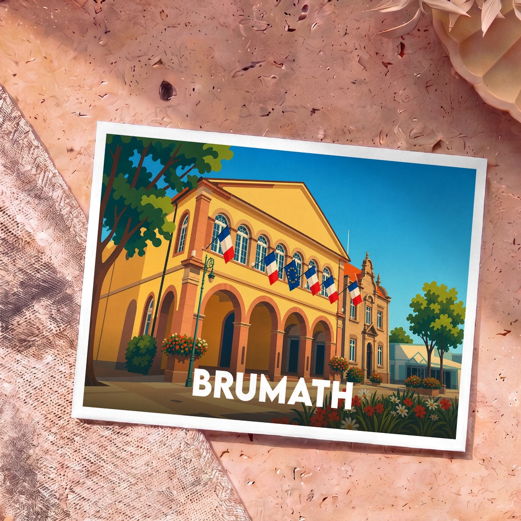 Carte postale souvenir de la ville de Brumath illustrant l'hôtel de ville dans un style graphique épuré.