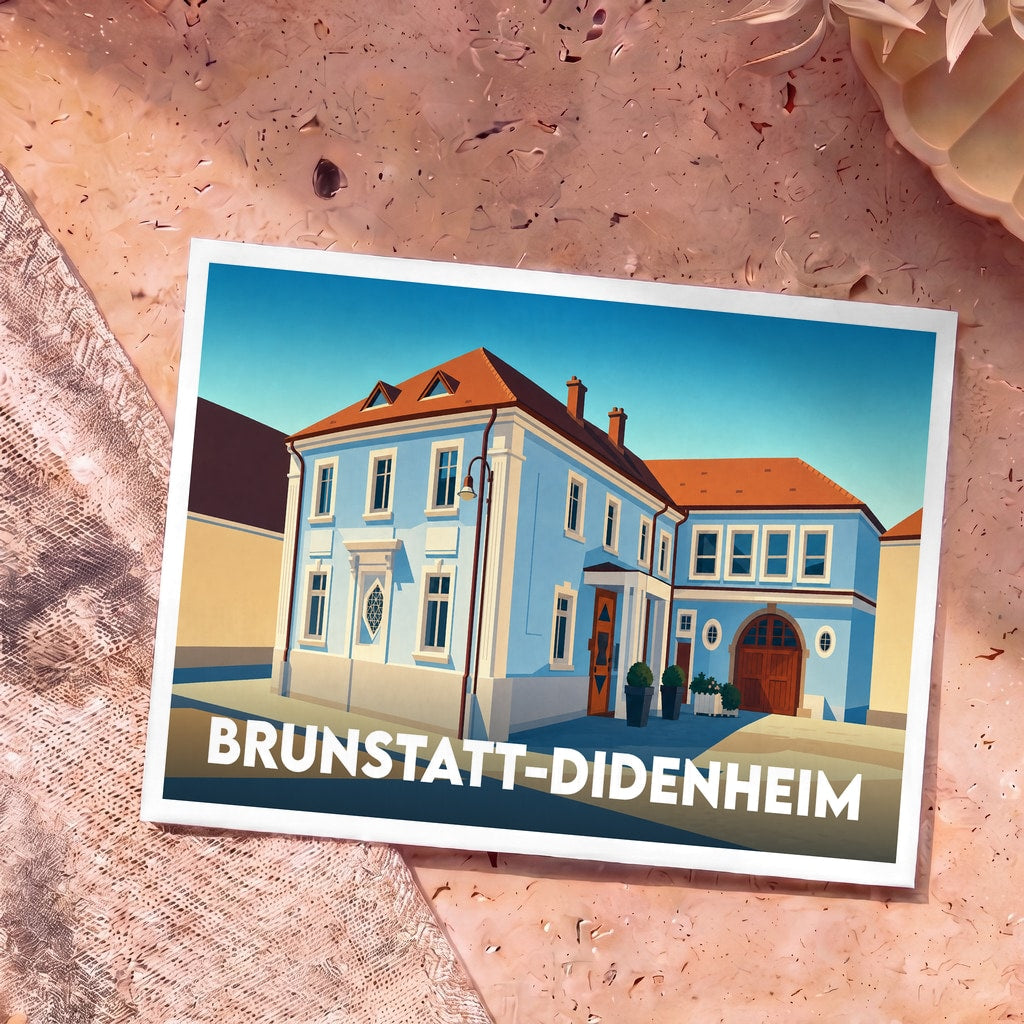 Carte postale souvenir de la ville de Brunstatt-Didenheim avec une illustration stylisée d'un bâtiment bleu traditionnel.