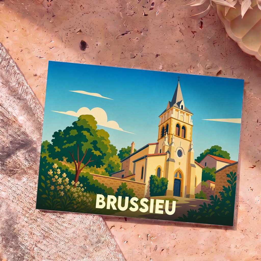 Carte postale souvenir de la ville de Brussieu illustrant son église dans un style graphique épuré.