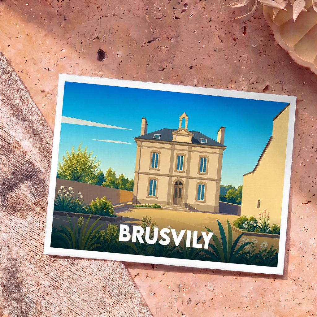 Carte postale souvenir de la ville de Brusvily illustrant sa mairie dans un style graphique épuré.