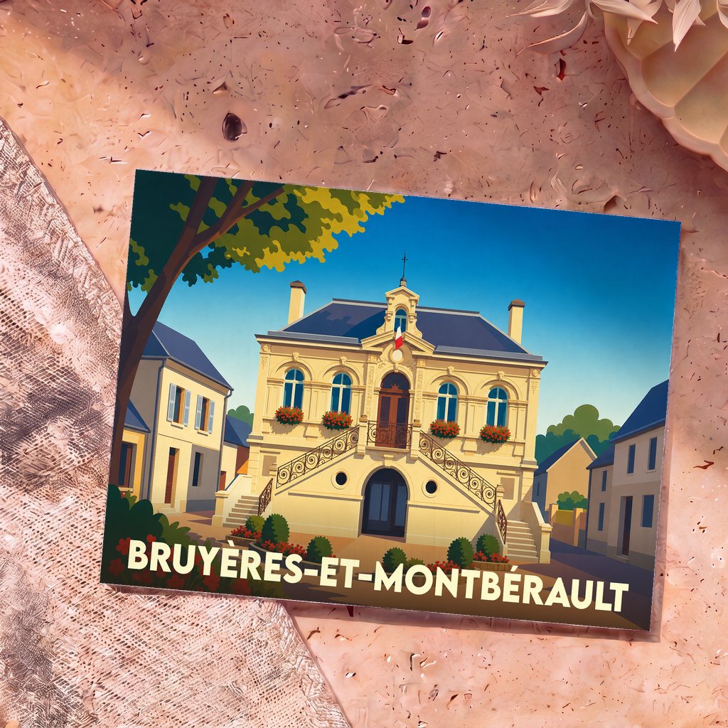 Carte postale souvenir de la ville de Bruyères-et-Montbérault avec une illustration stylisée de sa mairie.