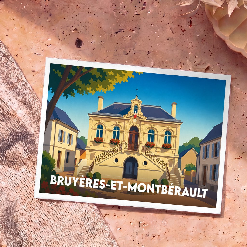 Carte postale souvenir de la ville de Bruyères-et-Montbérault avec une illustration stylisée de sa mairie.