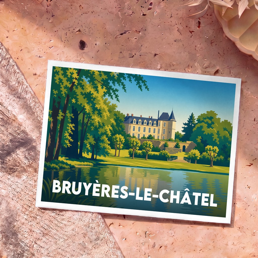 Carte postale souvenir de la ville de Bruyères-le-Châtel avec une illustration stylisée de son château et de son étang.