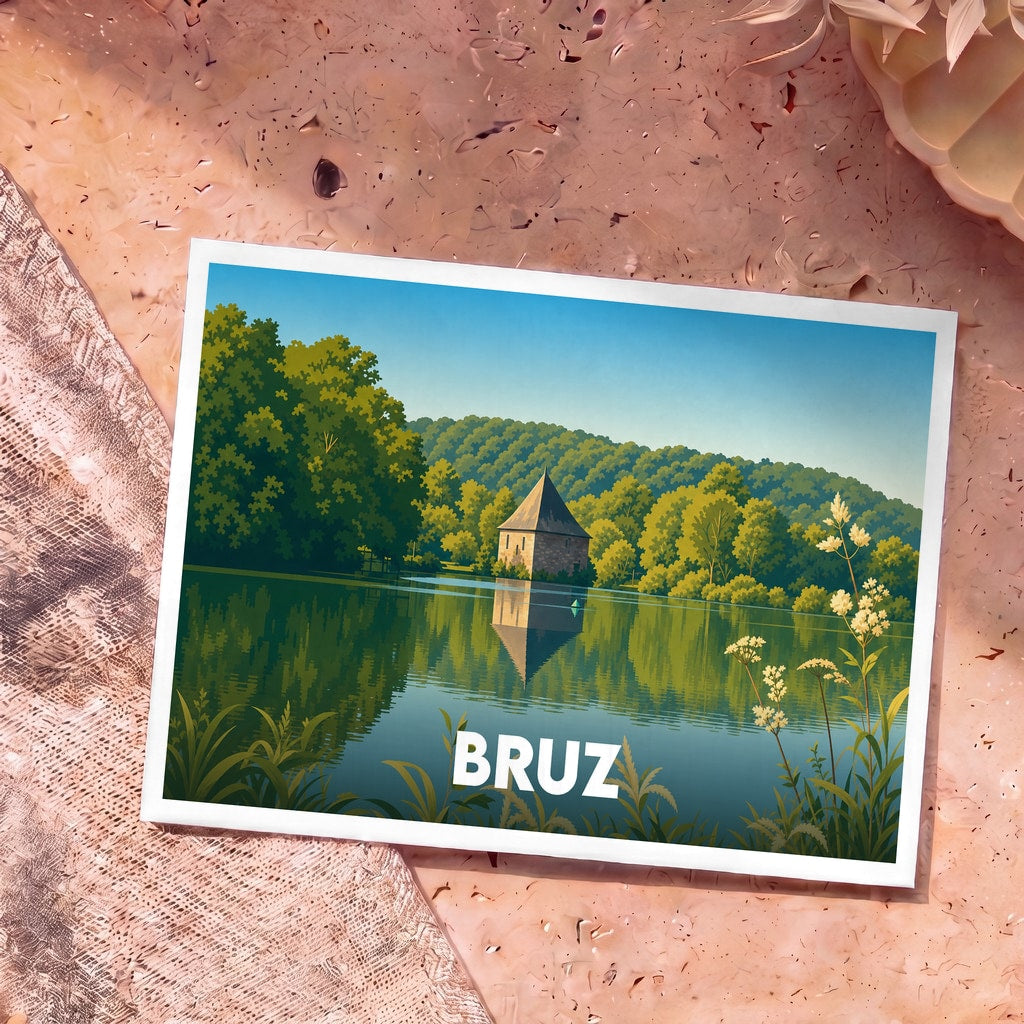 Carte postale souvenir de la ville de Bruz illustrant un paysage de lac et de forêt au style épuré.