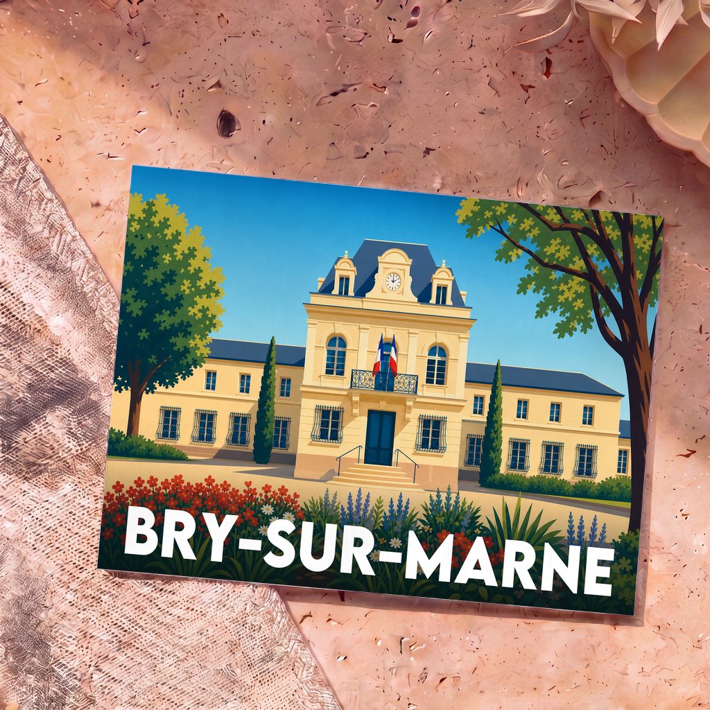 Carte postale souvenir de la ville de Bry-sur-Marne avec une illustration stylisée de son hôtel de ville.