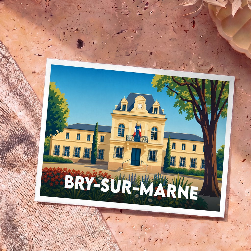 Carte postale souvenir de la ville de Bry-sur-Marne avec une illustration stylisée de son hôtel de ville.