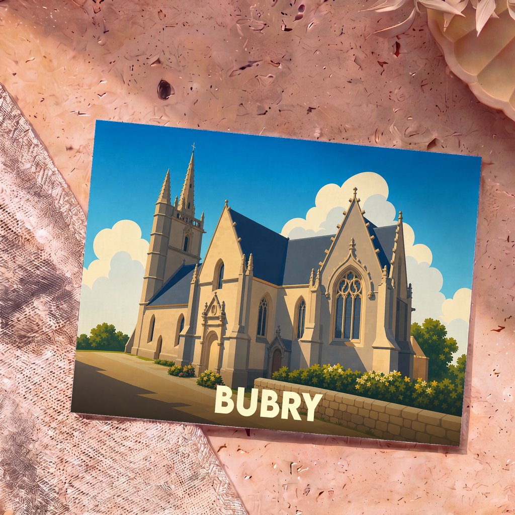 Carte postale souvenir de la ville de Bubry avec une illustration stylisée de son église sous un ciel bleu.