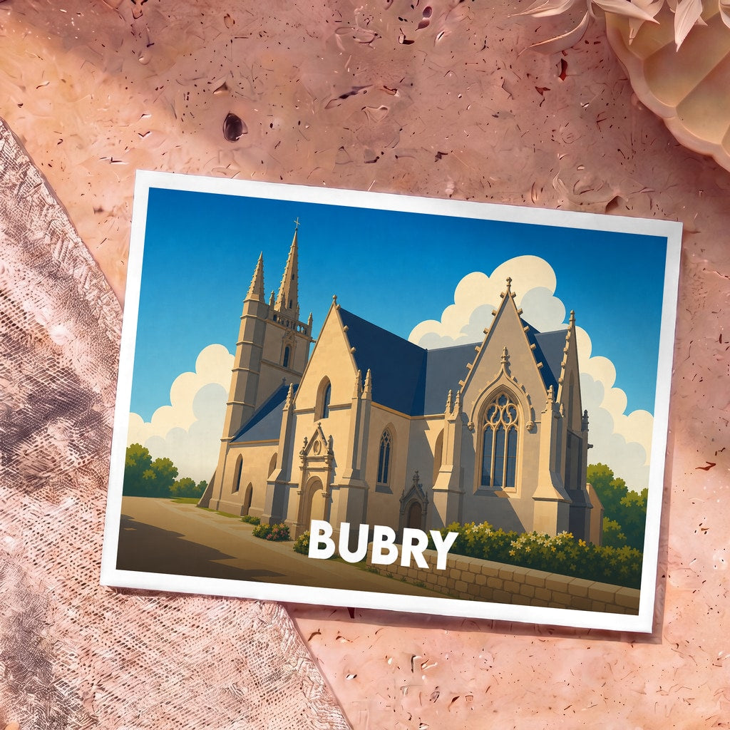 Carte postale souvenir de la ville de Bubry avec une illustration stylisée de son église sous un ciel bleu.