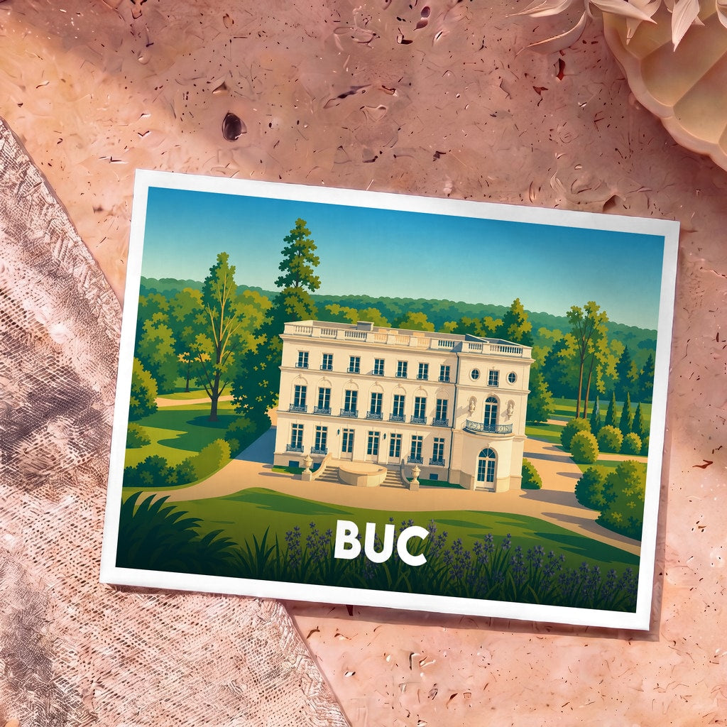 Carte postale souvenir de la ville de Buc illustrant le château au cœur d'un parc verdoyant.