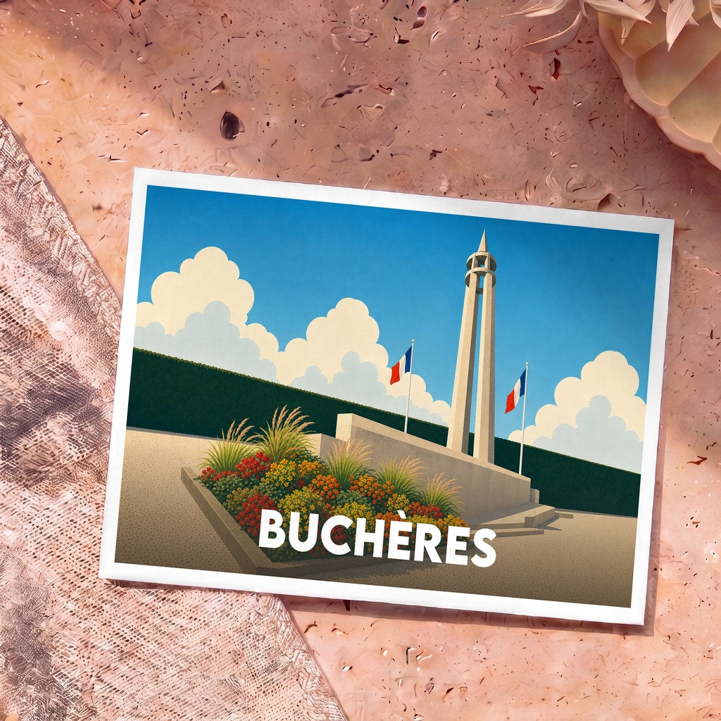 Carte postale souvenir de la ville de Buchères avec une illustration stylisée de son monument commémoratif.